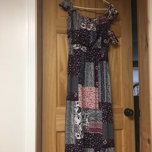 Patchwork print long dress with flutter sleeves